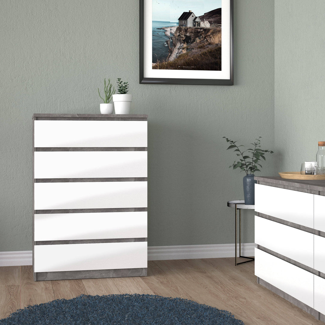 Naia Chest of 5 Drawers in Concrete and White High Gloss - TidySpaces