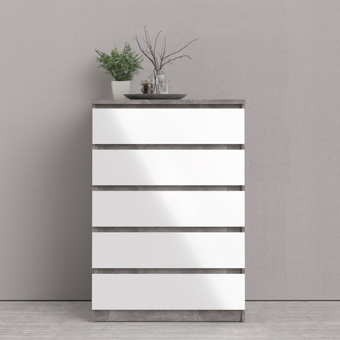 Naia Chest of 5 Drawers in Concrete and White High Gloss - TidySpaces