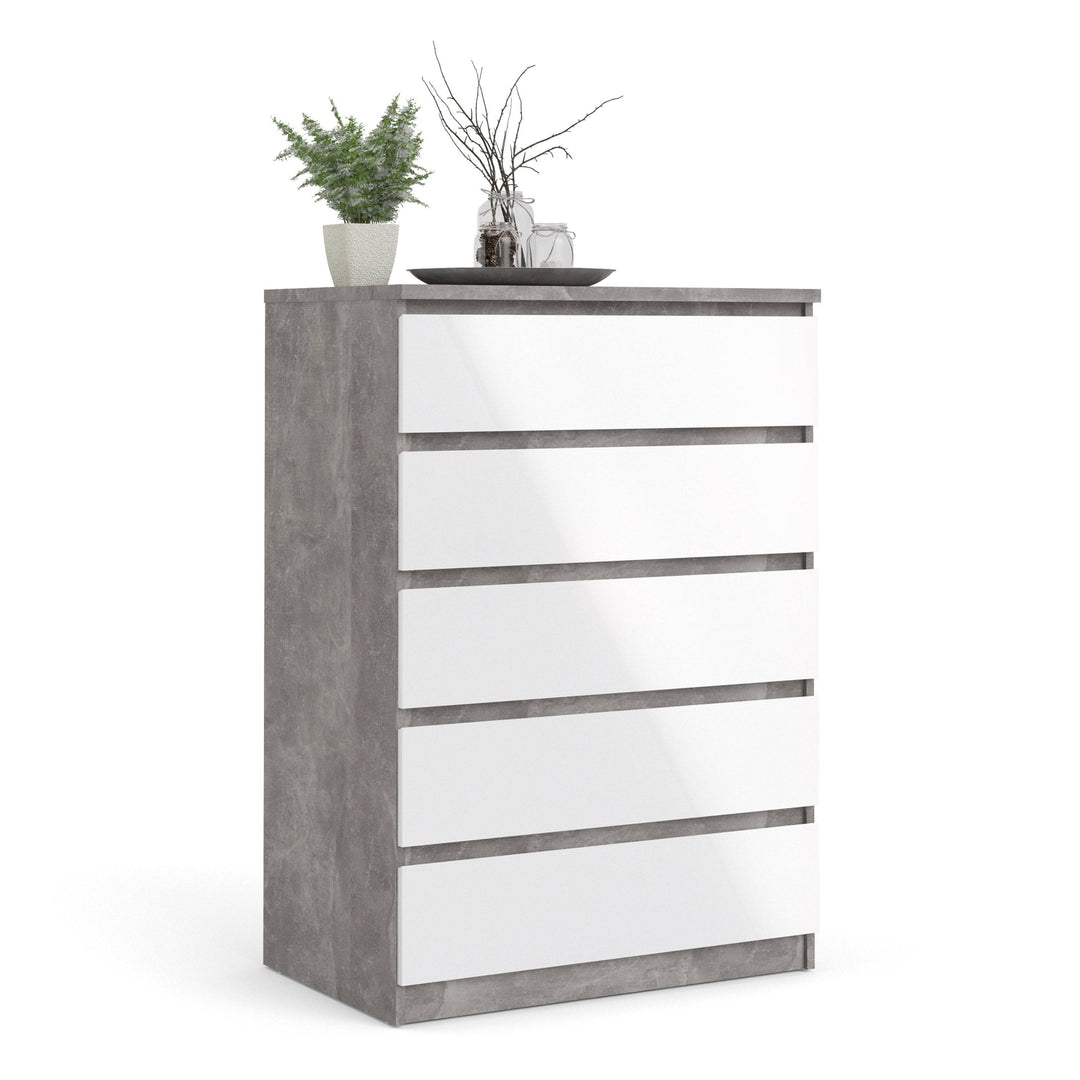 Naia Chest of 5 Drawers in Concrete and White High Gloss - TidySpaces