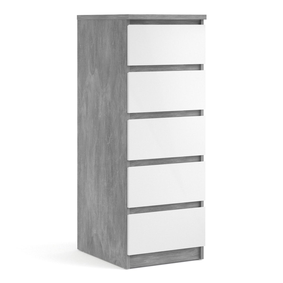 Naia Narrow Chest of 5 Drawers in Concrete and White High Gloss - TidySpaces