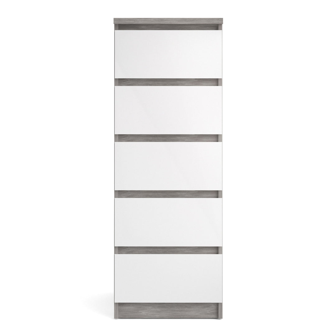 Naia Narrow Chest of 5 Drawers in Concrete and White High Gloss - TidySpaces