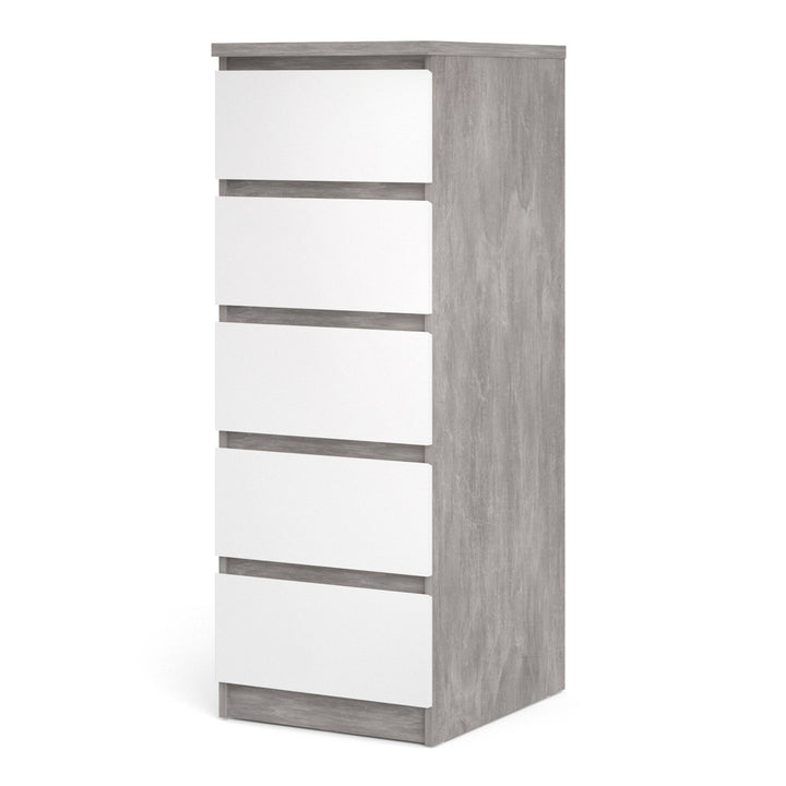 Naia Narrow Chest of 5 Drawers in Concrete and White High Gloss - TidySpaces