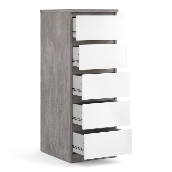 Naia Narrow Chest of 5 Drawers in Concrete and White High Gloss - TidySpaces