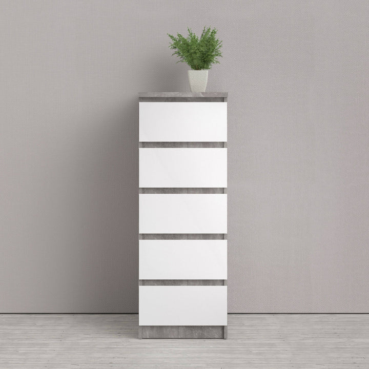 Naia Narrow Chest of 5 Drawers in Concrete and White High Gloss - TidySpaces