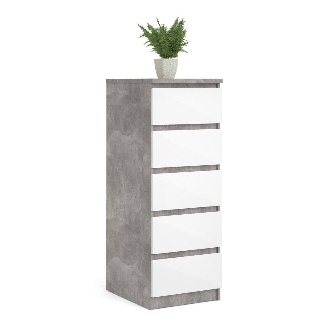 Naia Narrow Chest of 5 Drawers in Concrete and White High Gloss - TidySpaces