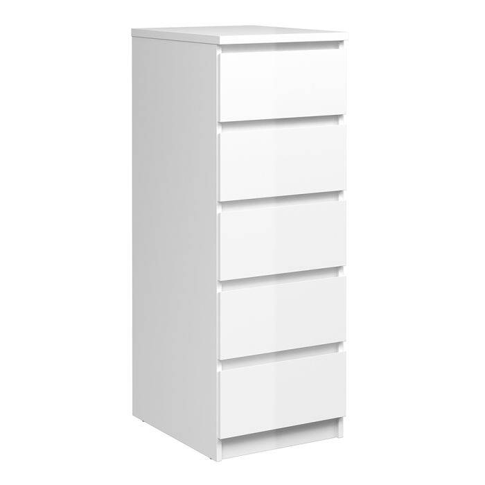 Naia Narrow Chest of 5 Drawers in White High Gloss - TidySpaces