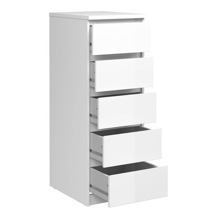 Naia Narrow Chest of 5 Drawers in White High Gloss - TidySpaces