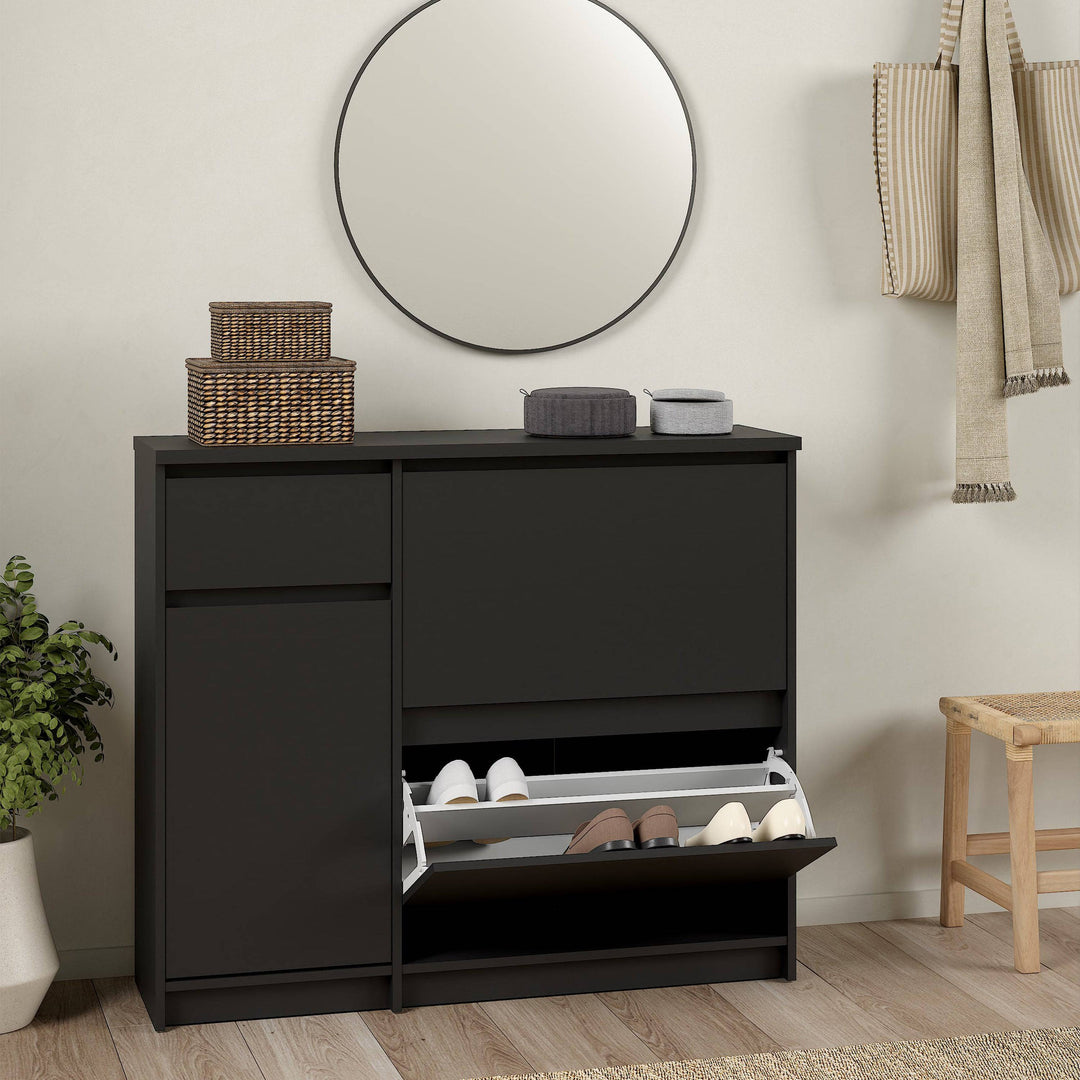 Naia Shoe Cabinet with 2 Shoe Compartments, 1 Door and 1 Drawer in Black Matt - TidySpaces