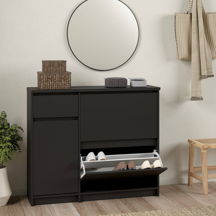 Naia Shoe Cabinet with 2 Shoe Compartments, 1 Door and 1 Drawer in Black Matt - TidySpaces