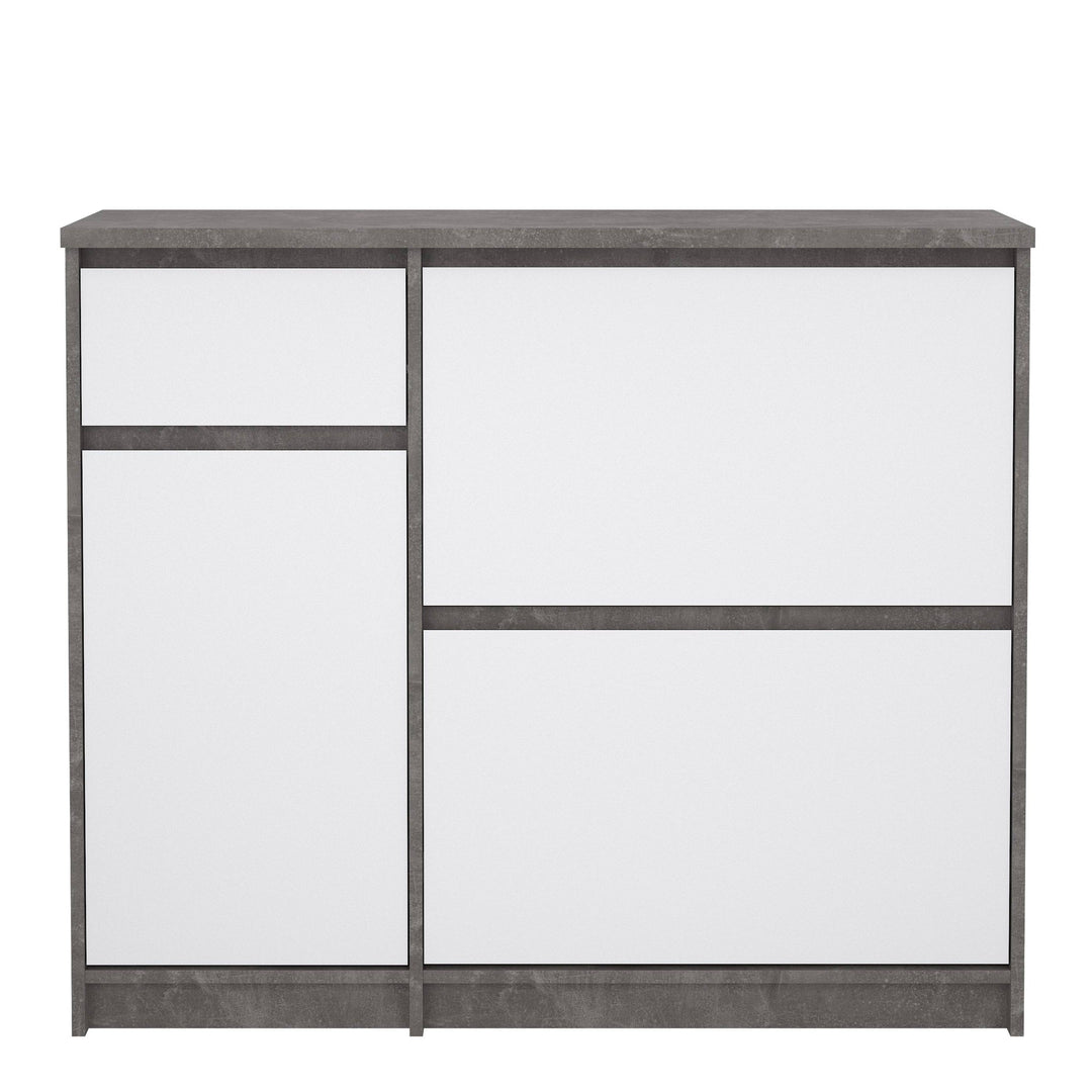 Naia Shoe Cabinet with 2 Shoe Compartments, 1 Door and 1 Drawer in Concrete and White High Gloss - TidySpaces