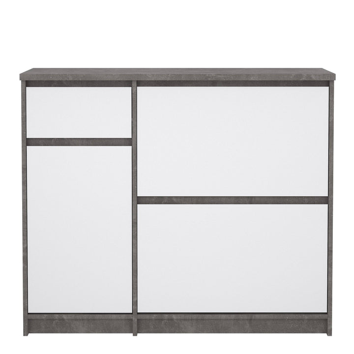 Naia Shoe Cabinet with 2 Shoe Compartments, 1 Door and 1 Drawer in Concrete and White High Gloss - TidySpaces