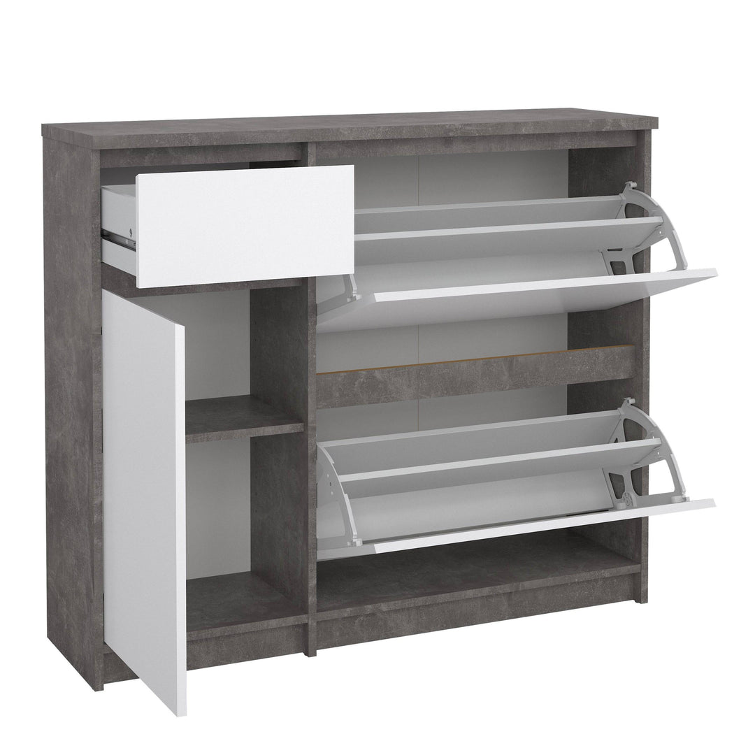 Naia Shoe Cabinet with 2 Shoe Compartments, 1 Door and 1 Drawer in Concrete and White High Gloss - TidySpaces