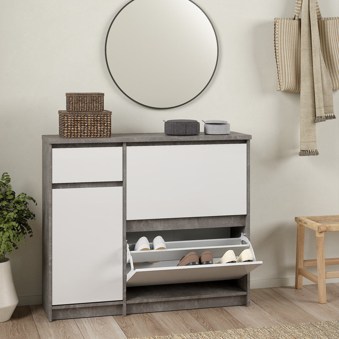 Naia Shoe Cabinet with 2 Shoe Compartments, 1 Door and 1 Drawer in Concrete and White High Gloss - TidySpaces