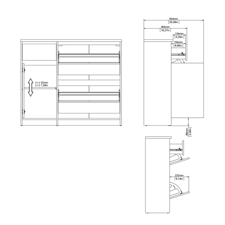 Naia Shoe Cabinet with 2 Shoe Compartments, 1 Door and 1 Drawer in Concrete and White High Gloss - TidySpaces