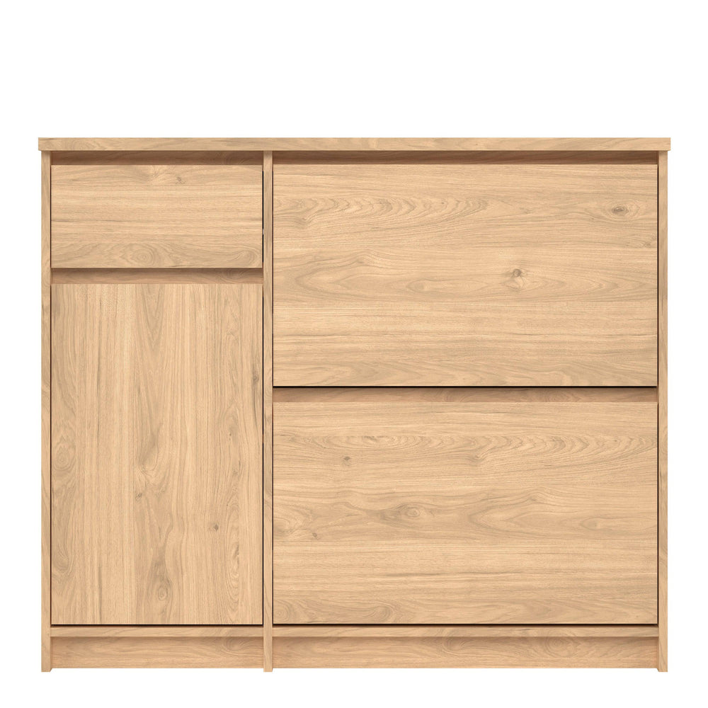 Naia Shoe Cabinet with 2 Shoe Compartments, 1 Door and 1 Drawer in Jackson Hickory Oak - TidySpaces