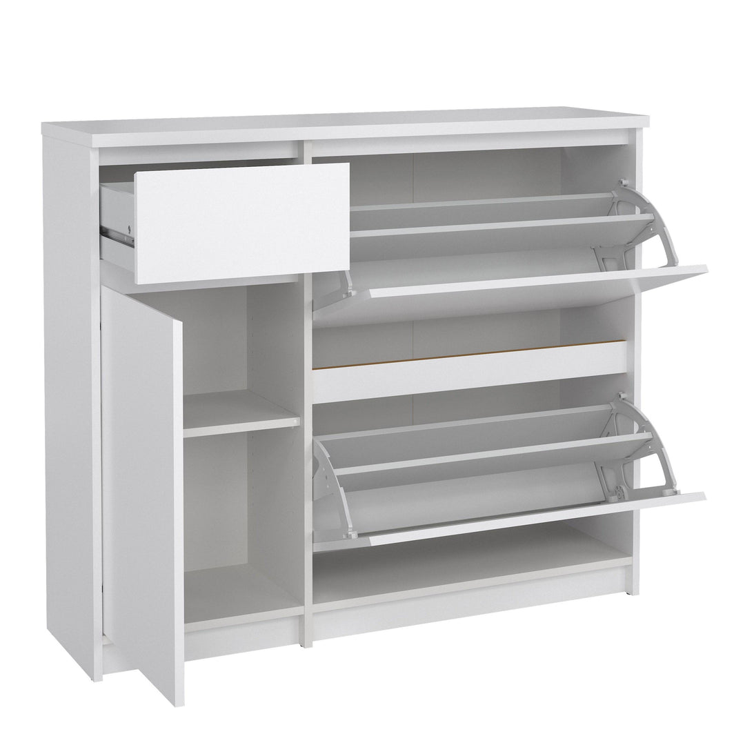 Naia Shoe Cabinet with 2 Shoe Compartments, 1 Door and 1 Drawer in White High Gloss - TidySpaces