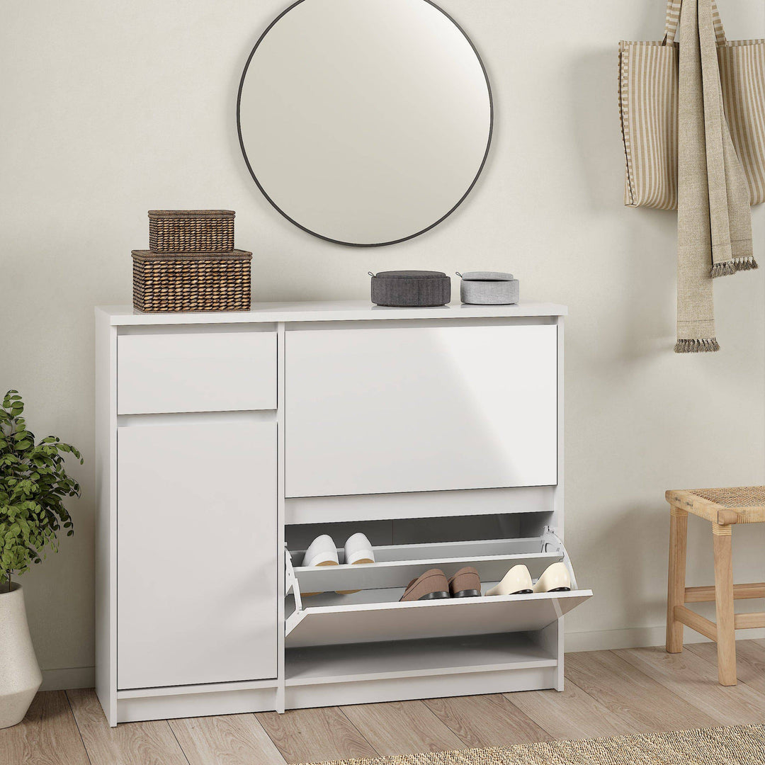 Naia Shoe Cabinet with 2 Shoe Compartments, 1 Door and 1 Drawer in White High Gloss - TidySpaces