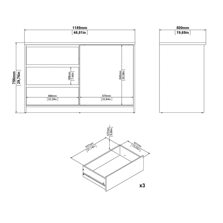 Naia Storage Unit with 1 Sliding Door and 3 Drawers in White High Gloss