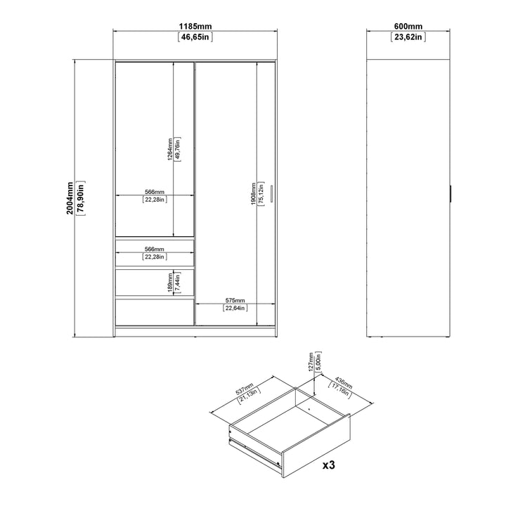 Naia Wardrobe with 1 Sliding door + 1 door + 3 drawers in Oak structure Jackson Hickory - TidySpaces