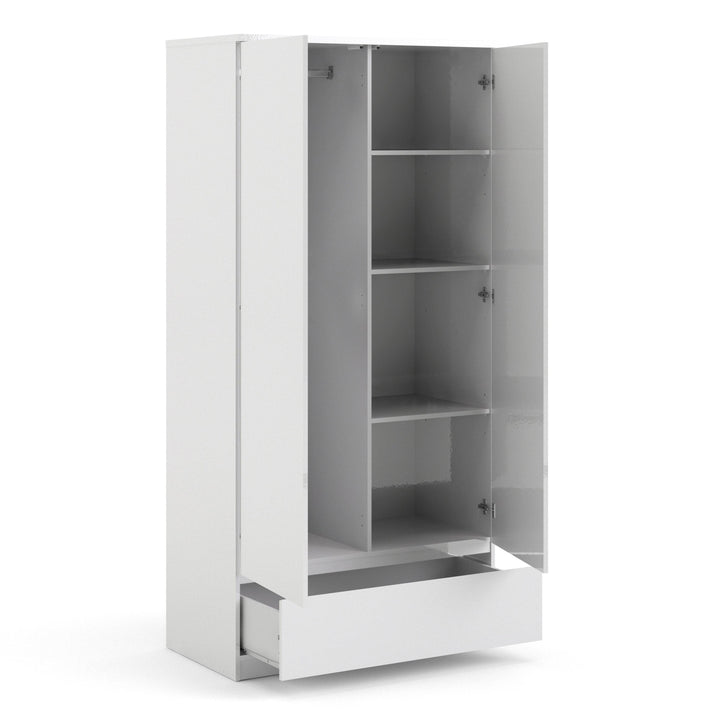 Naia Wardrobe with 2 doors + 1 drawer in White High Gloss - TidySpaces