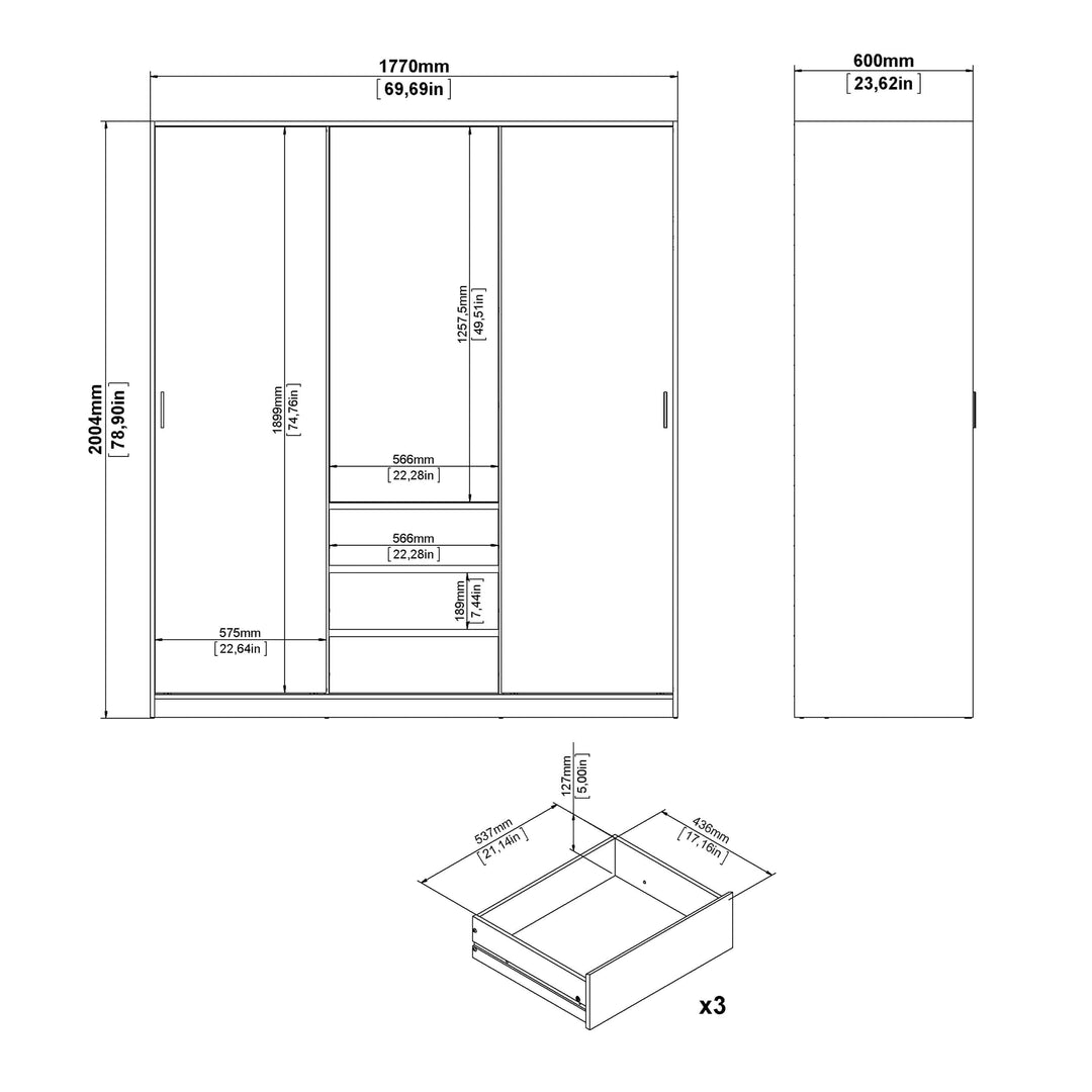 Naia Wardrobe with 2 sliding doors + 1 door + 3 drawers in Oak structure Jackson Hickory - TidySpaces