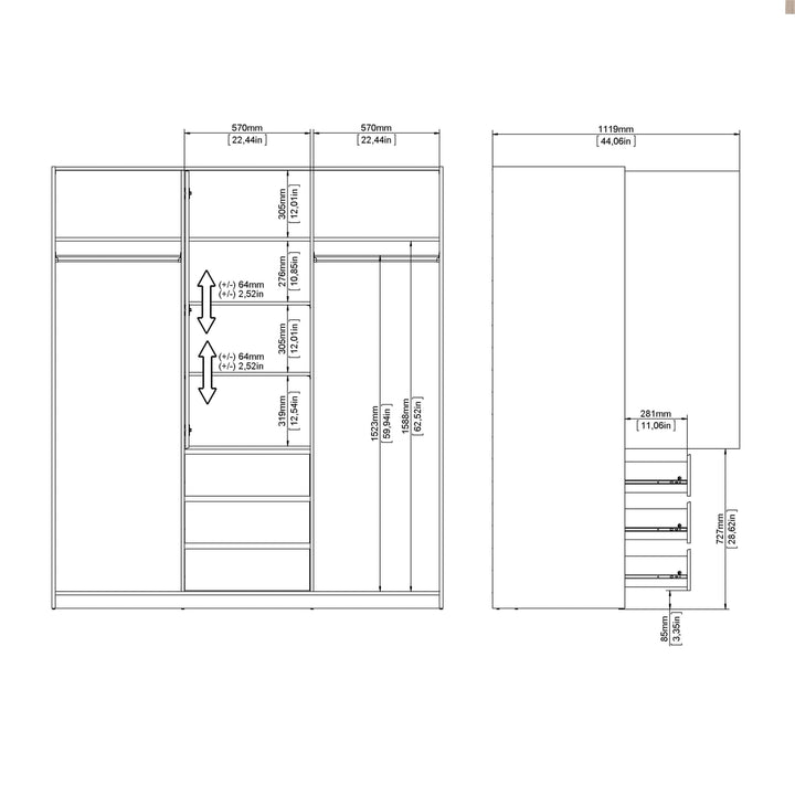 Naia Wardrobe with 2 sliding doors + 1 door + 3 drawers in Oak structure Jackson Hickory - TidySpaces