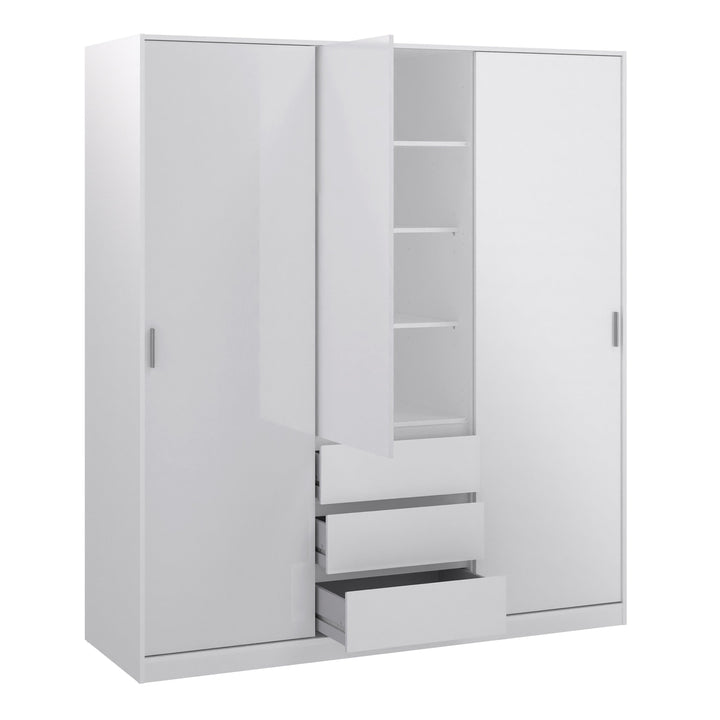 Naia Wardrobe with 2 sliding doors + 1 door + 3 drawers in White High Gloss - TidySpaces