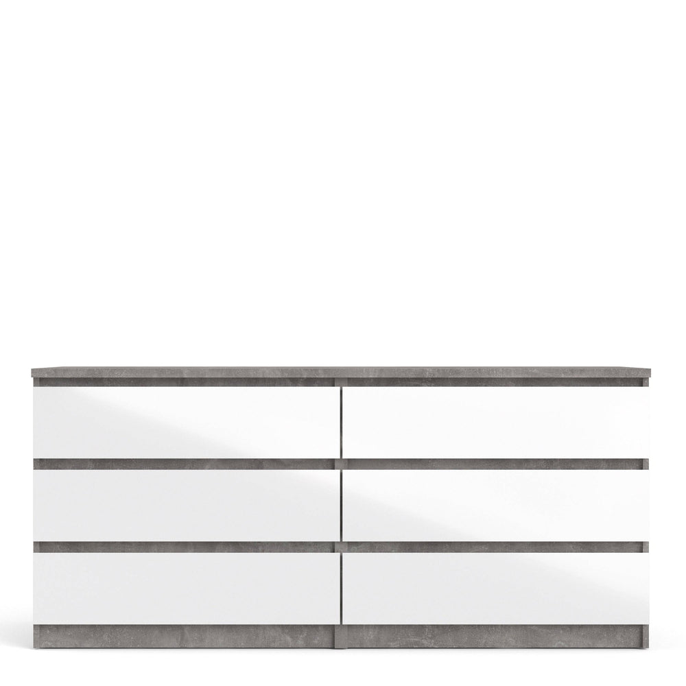 Naia Wide Chest of 6 Drawers (3+3) in Concrete and White High Gloss - TidySpaces