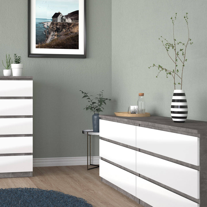 Naia Wide Chest of 6 Drawers (3+3) in Concrete and White High Gloss - TidySpaces