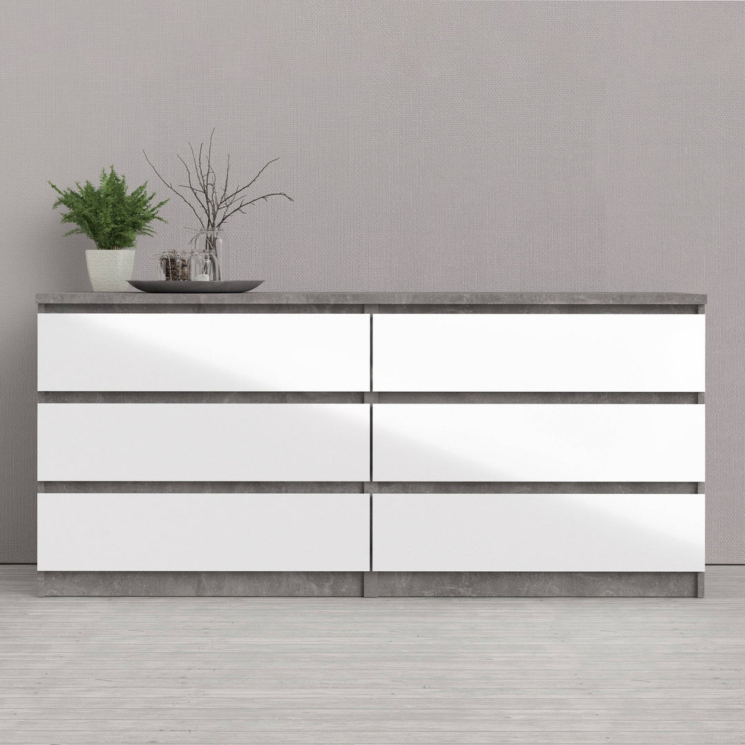 Naia Wide Chest of 6 Drawers (3+3) in Concrete and White High Gloss - TidySpaces