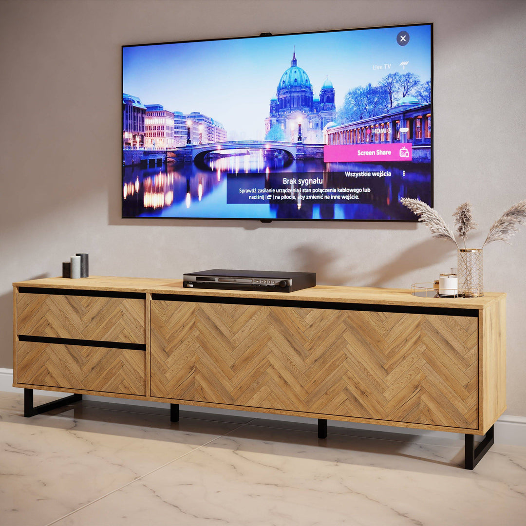 Nikomedes TV Unit  in Spica Oak/Matt Black/Bartex Oak - TidySpaces