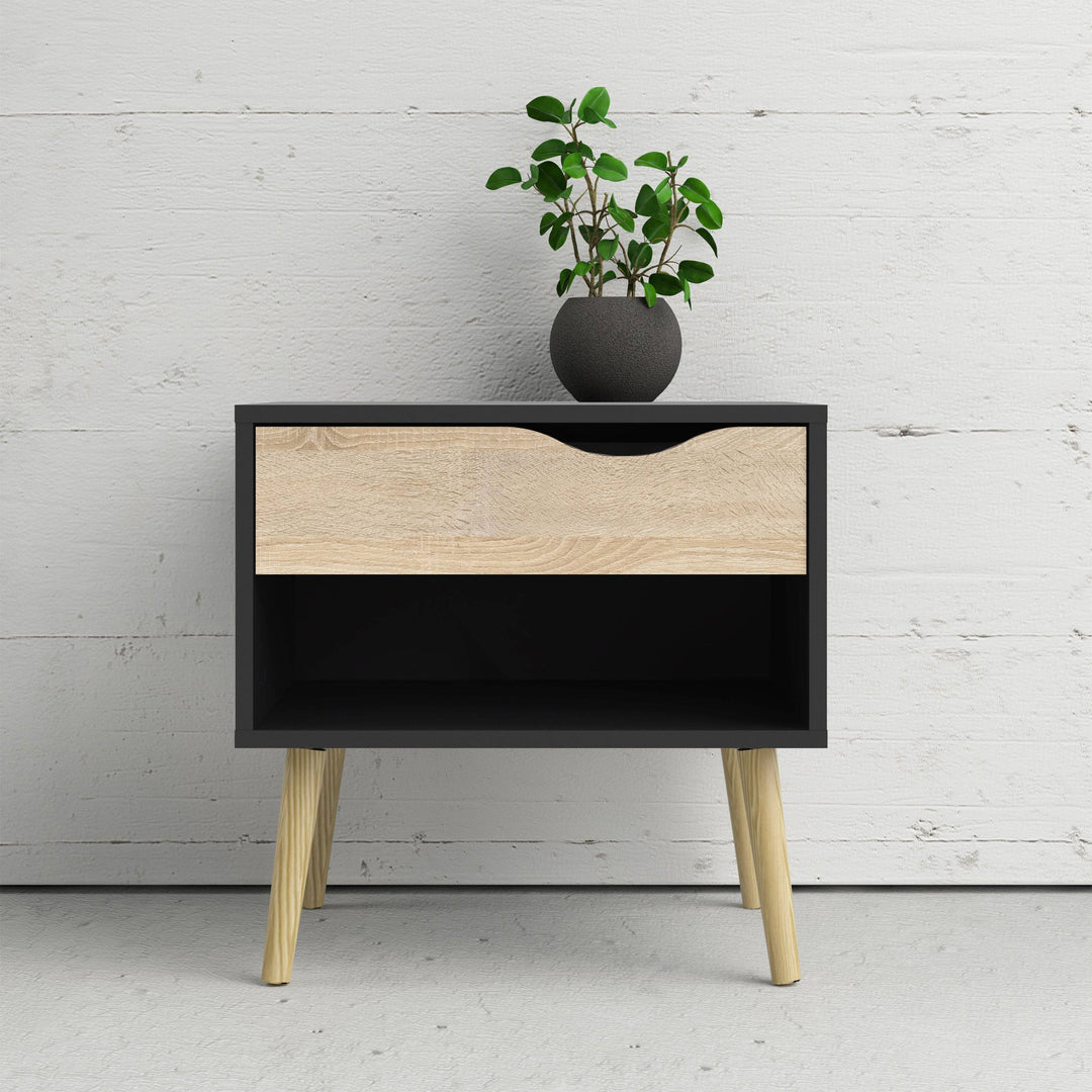 Oslo Bedside 1 Drawer in Black and Oak - TidySpaces