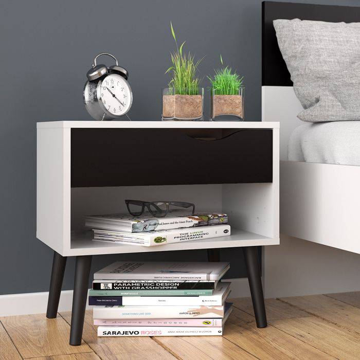 Oslo Bedside 1 Drawer in White and Black Matt - TidySpaces