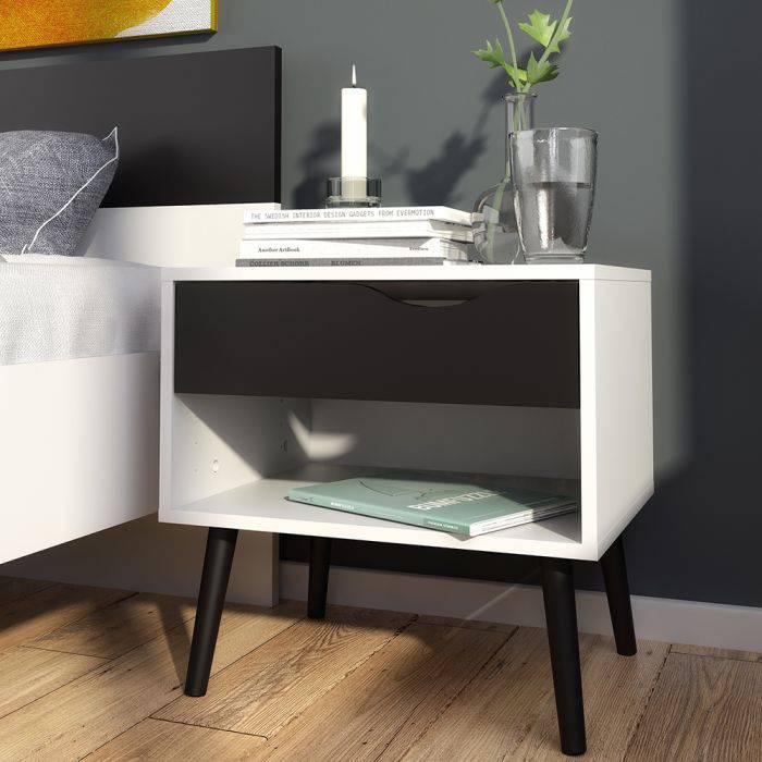 Oslo Bedside 1 Drawer in White and Black Matt - TidySpaces