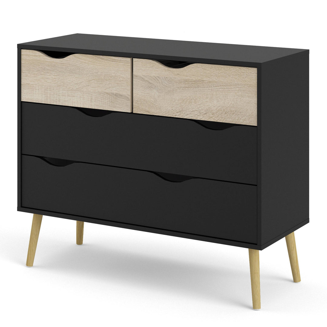 Oslo Chest of 4 Drawers (2+2) in Black and Oak - TidySpaces