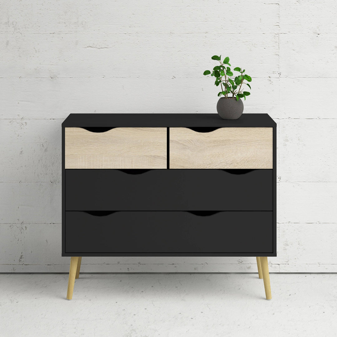 Oslo Chest of 4 Drawers (2+2) in Black and Oak - TidySpaces