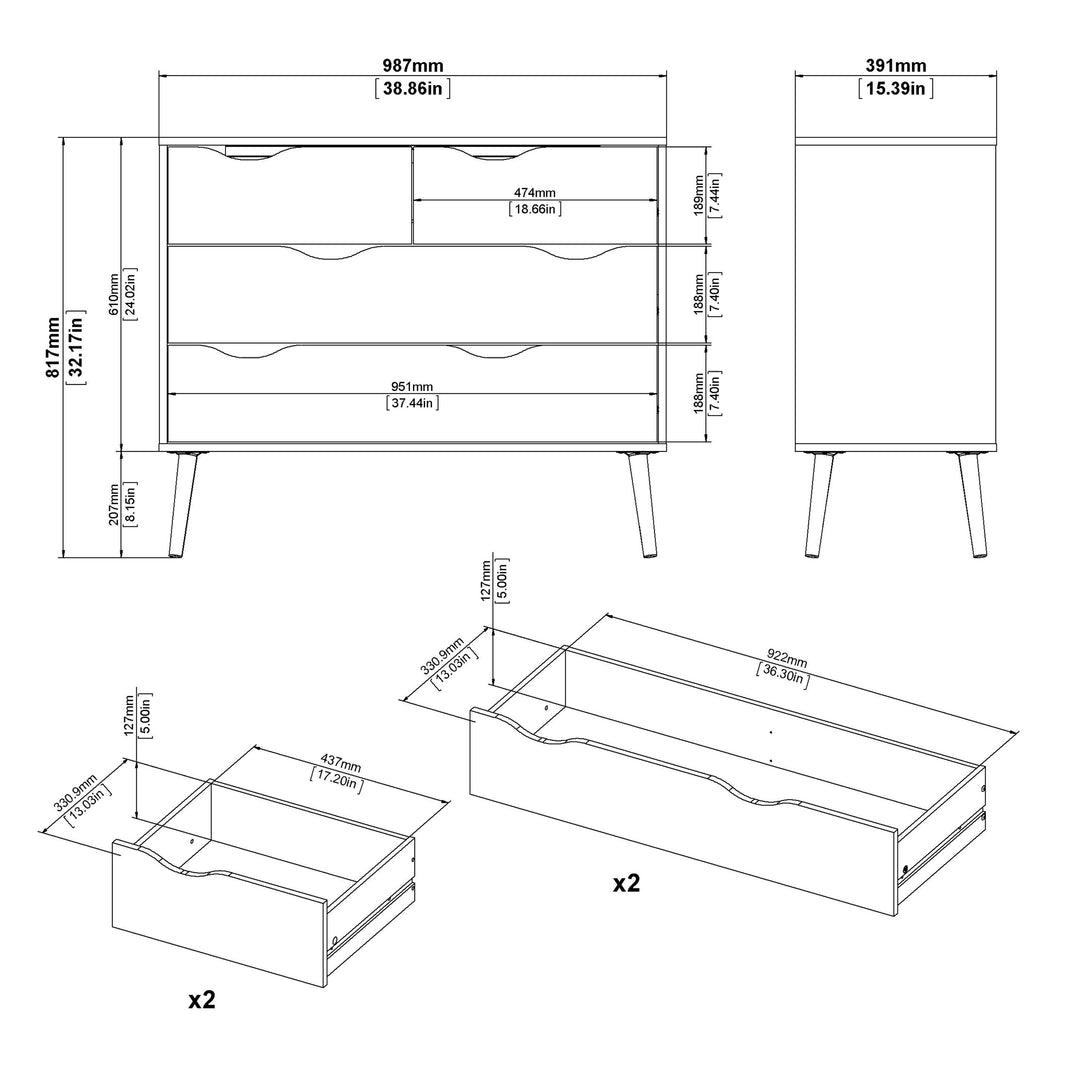 Oslo Chest of 4 Drawers (2+2) in Black and Oak - TidySpaces