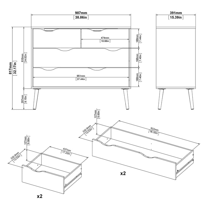 Oslo Chest of 4 Drawers (2+2) in Black and Oak - TidySpaces