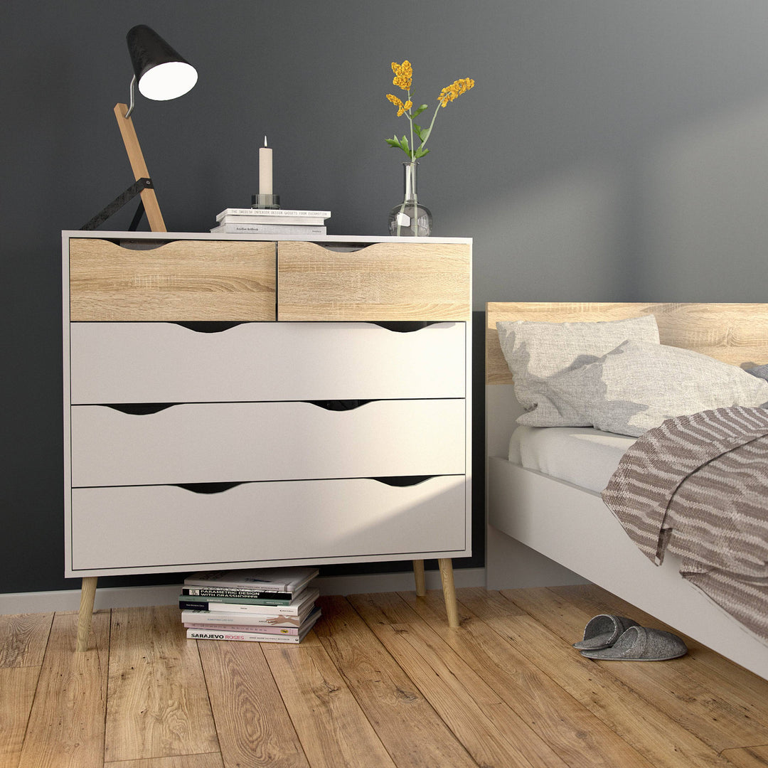 Oslo Chest of 5 Drawers (2+3) in White and Oak - TidySpaces