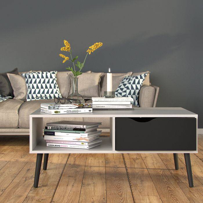 Oslo Coffee Table 1 Drawer 1 Shelf in White and Black Matt - TidySpaces