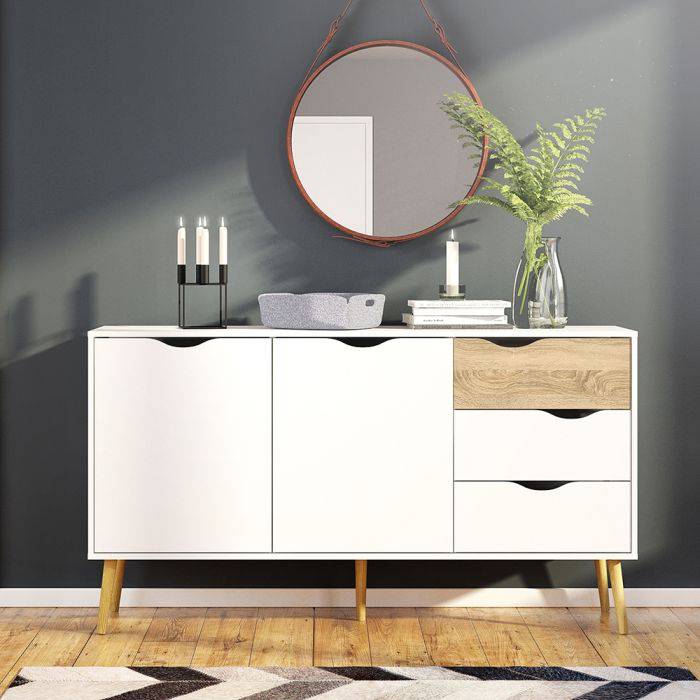 Oslo Sideboard - Large - 3 Drawers 2 Doors in White and Oak - TidySpaces