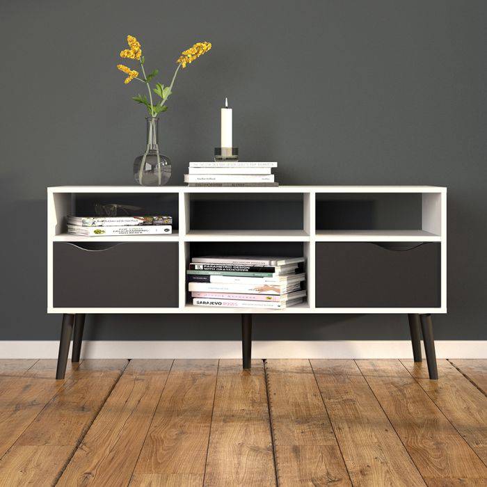 Oslo TV Unit - Wide - 2 Drawers 4 Shelves in White and Black Matt - TidySpaces