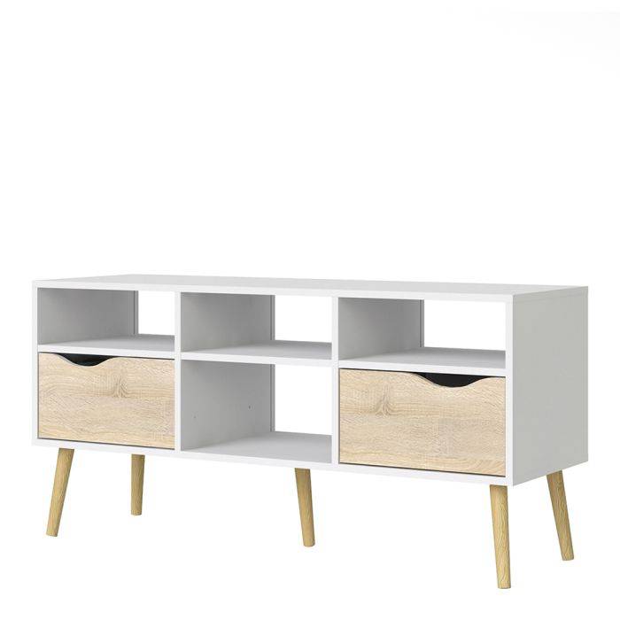 Oslo TV Unit - Wide - 2 Drawers 4 Shelves in White and Oak - TidySpaces