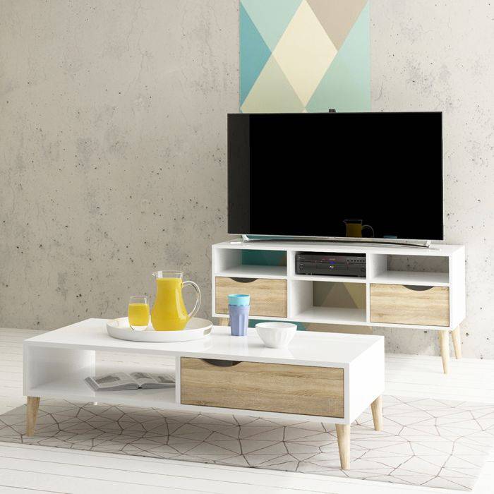 Oslo TV Unit - Wide - 2 Drawers 4 Shelves in White and Oak - TidySpaces