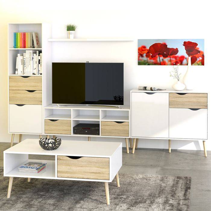 Oslo TV Unit - Wide - 2 Drawers 4 Shelves in White and Oak - TidySpaces