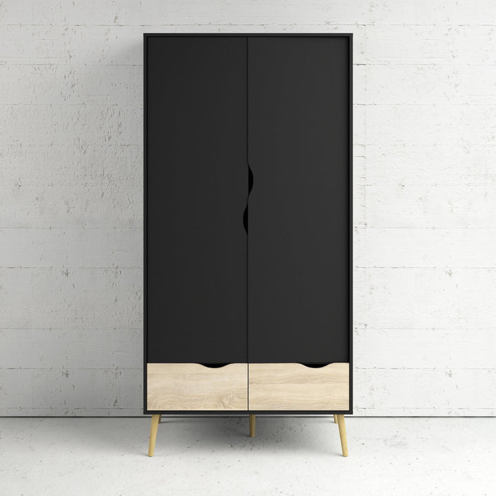 Oslo Wardrobe - 2 Doors 2 Drawers in Black and Oak - TidySpaces