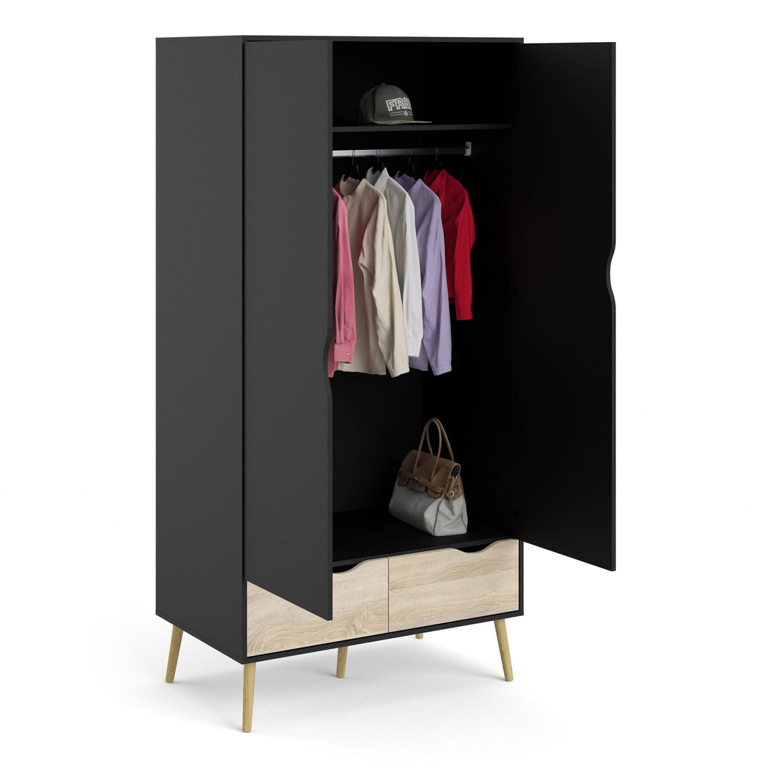 Oslo Wardrobe - 2 Doors 2 Drawers in Black and Oak - TidySpaces