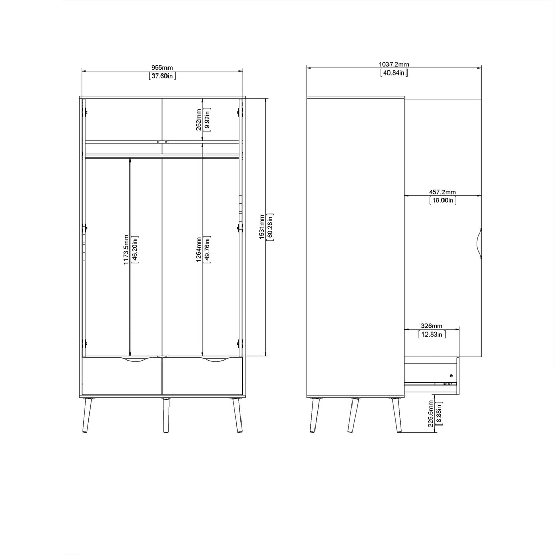 Oslo Wardrobe - 2 Doors 2 Drawers in Black and Oak - TidySpaces