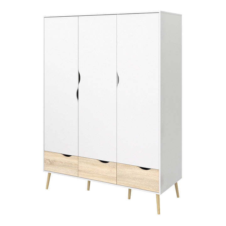 Oslo Wardrobe 3 Doors 3 Drawers in White and Oak - TidySpaces