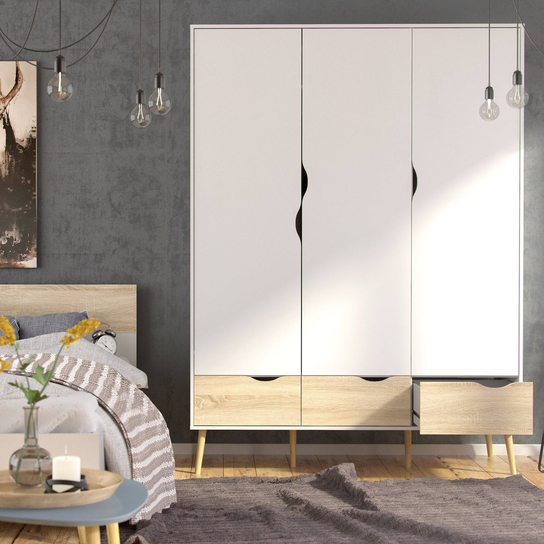 Oslo Wardrobe 3 Doors 3 Drawers in White and Oak - TidySpaces